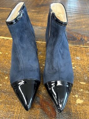Women’s Navy Suede Ankle Boots with Black Patent Toe